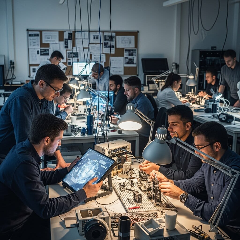 A team of engineers and researchers collaborating on hardware prototyping and technical schematics in a laboratory.